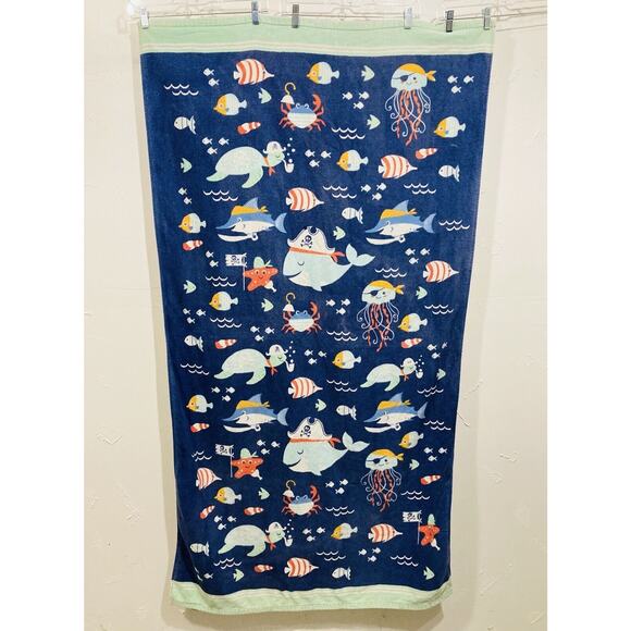 Caro Bath Beach towel Cotton Large Fish Blue Ocean Whale Jellyfish Seaturtle Cra - Picture 1 of 9